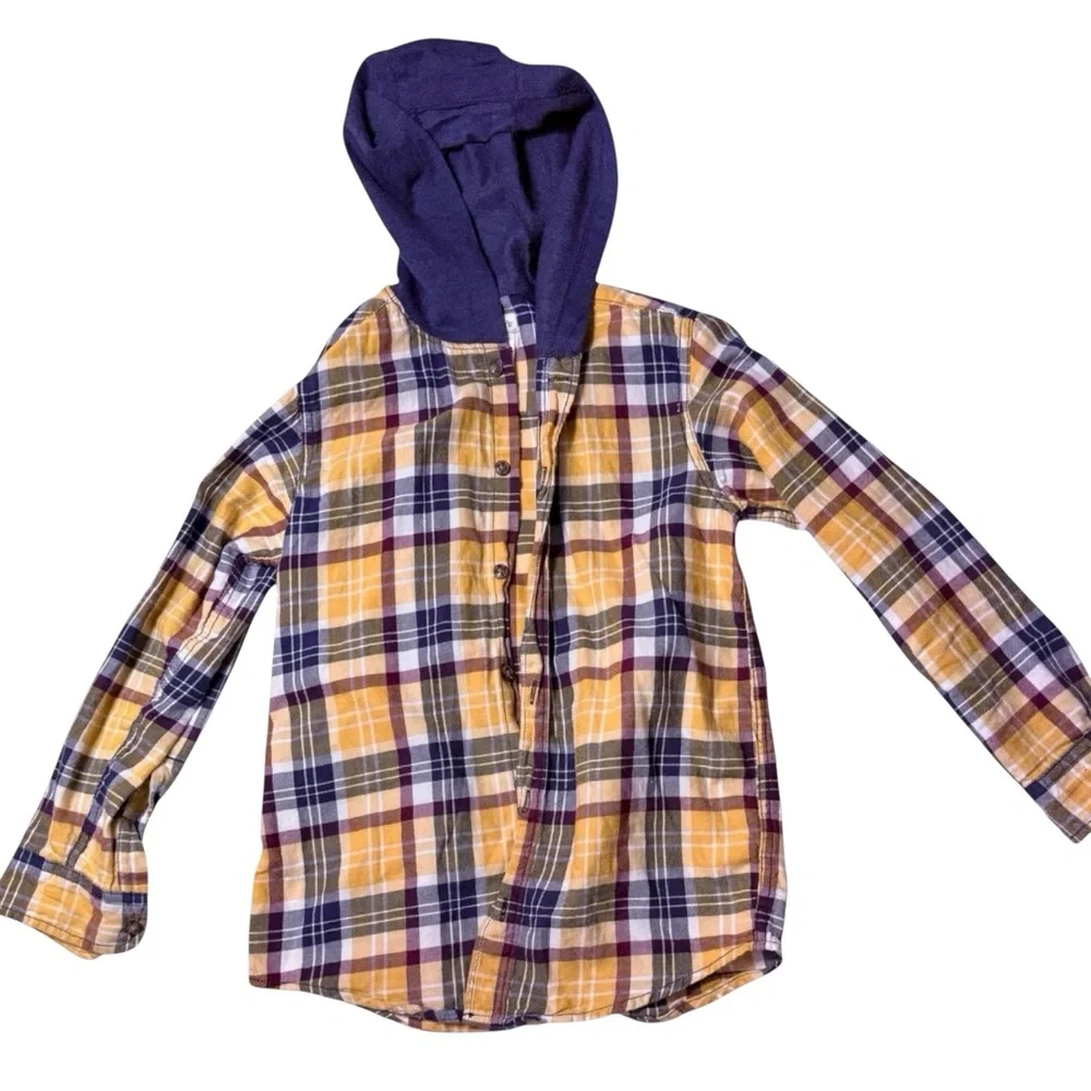 Carters Hooded Boy’s Button Down - Blue and Yellow and Burgundy Size 10